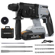 Cordless rotary hammer drill kit with battery pack, charger, and SDS bits