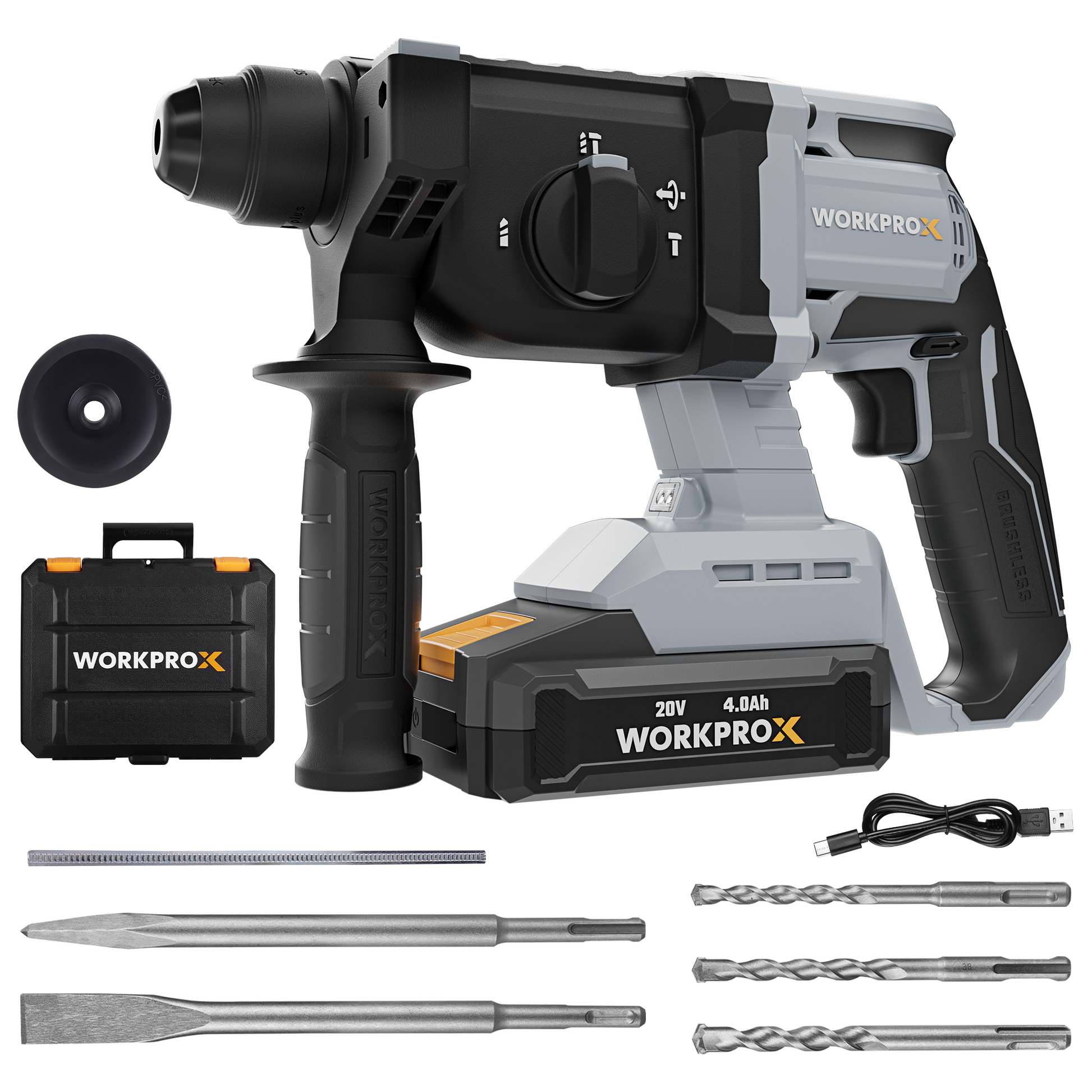 Cordless rotary hammer drill kit with battery pack, charger, and SDS bits