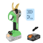 Green cordless electric pruning shears with LCD readout and included charger/battery set