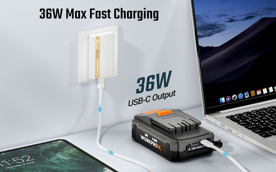 USB-C fast charging adapter with 36W output, innovation and quality text above a laptop and phone