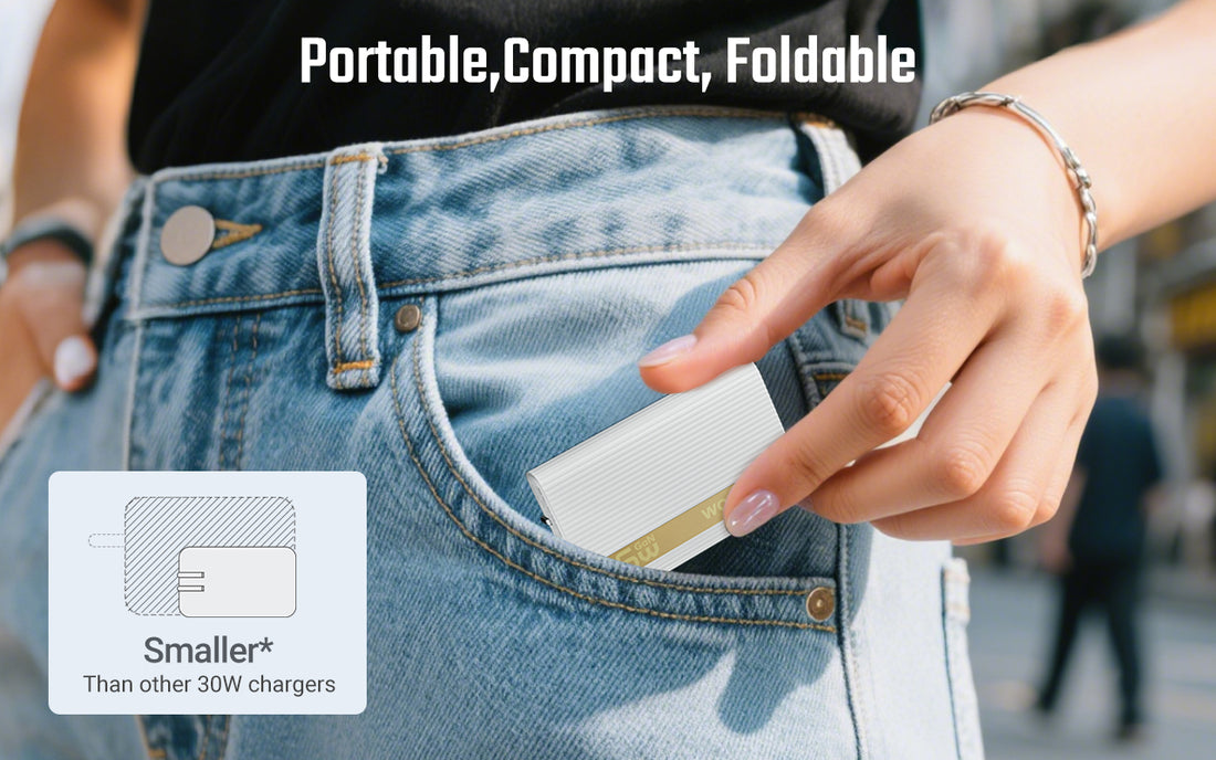 Person placing a compact foldable charger into blue jeans pocket, innovation and quality shown on screen