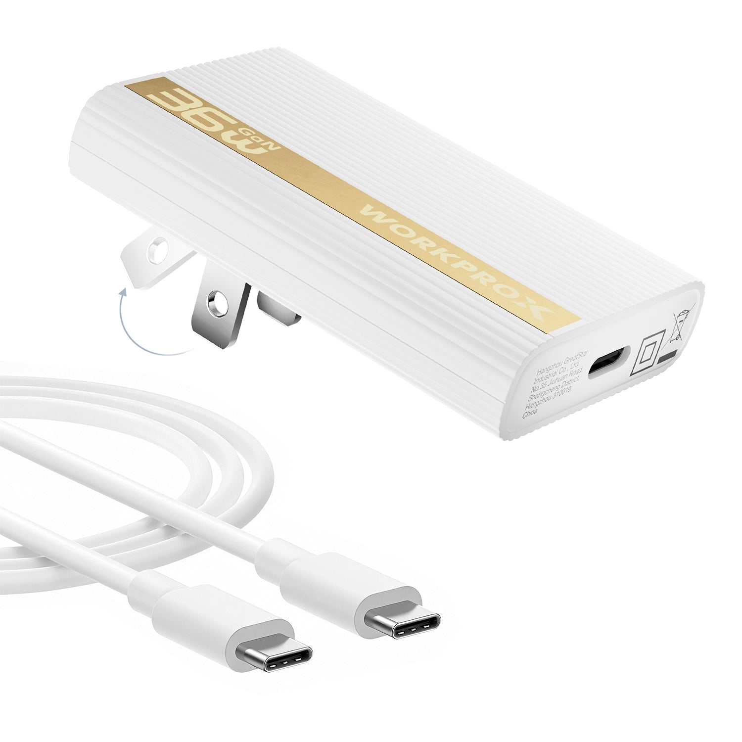WORKPROX 36W GaN Ultra-Slim Flat Wall Charger with Foldable Plug & USB-C Cable (Fast Charging)
