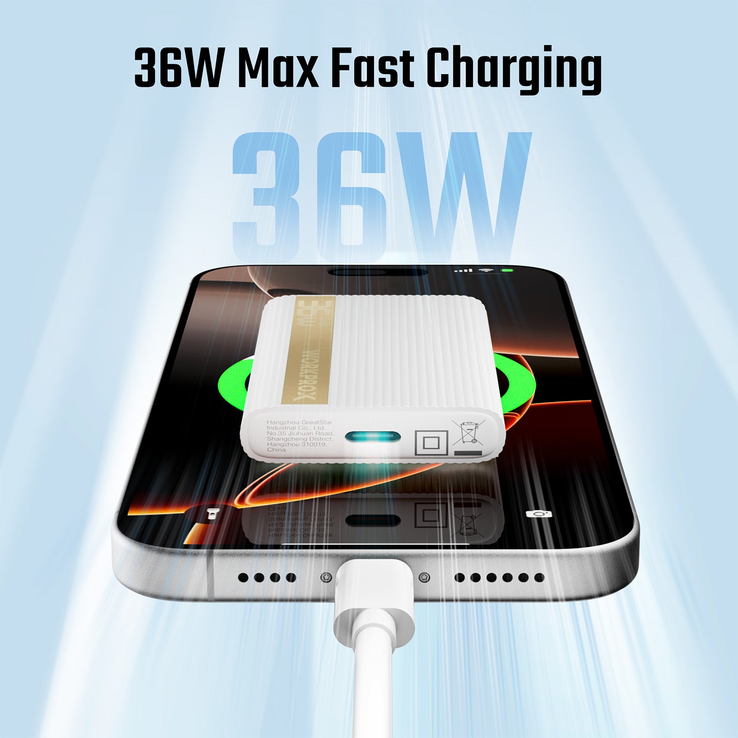 Ultra-slim white wall charger with USB-C cable charging a smartphone.