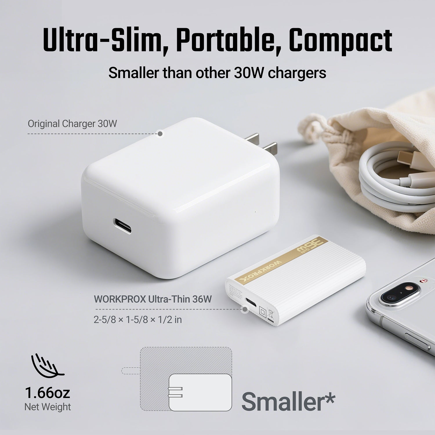 Compact white wall charger with foldable plug and USB-C cable.