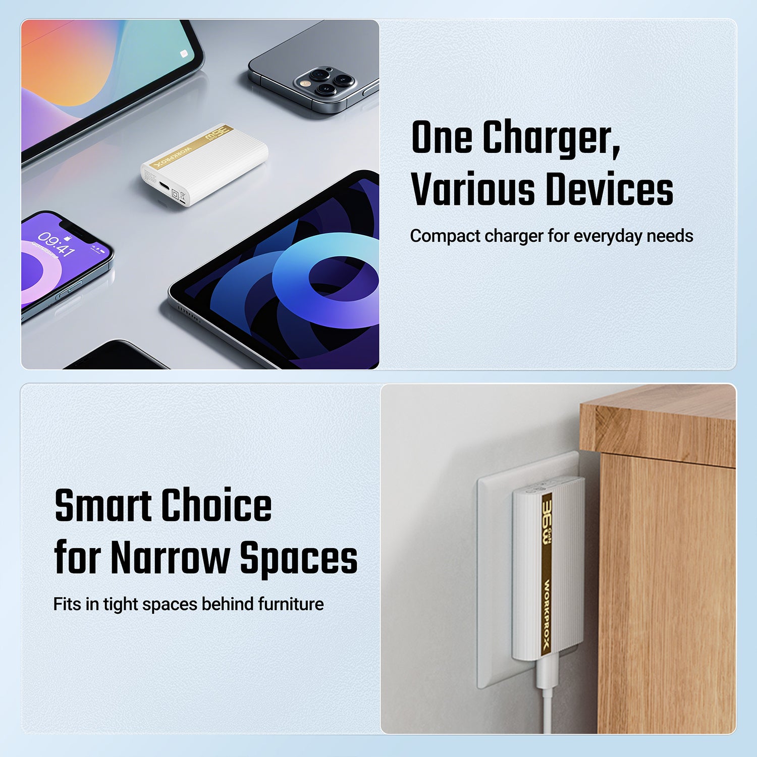Ultra-slim white wall charger with USB-C cable shown with multiple smartphones.