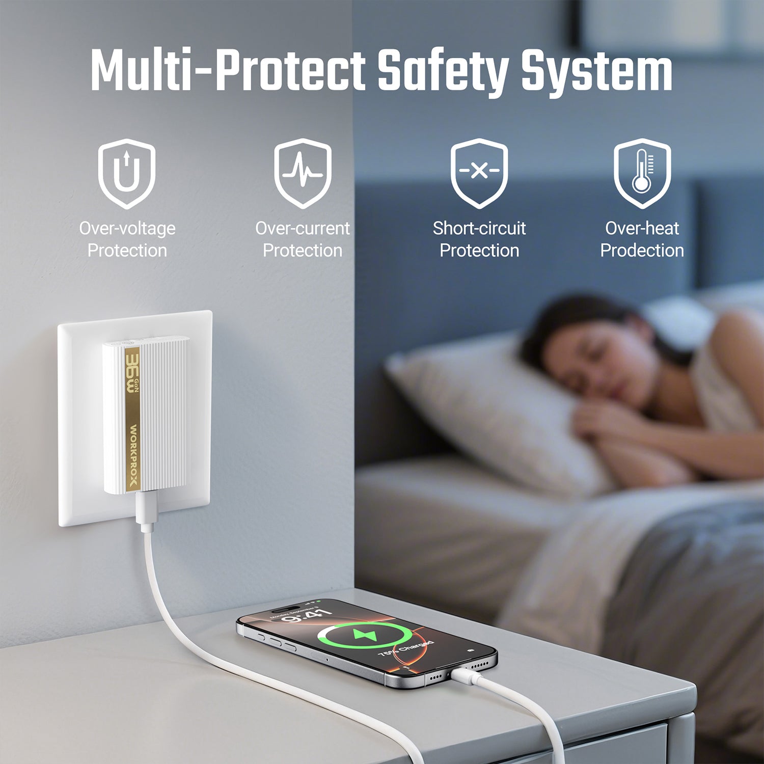 Ultra-slim white wall charger with USB-C cable connected to a smartphone.