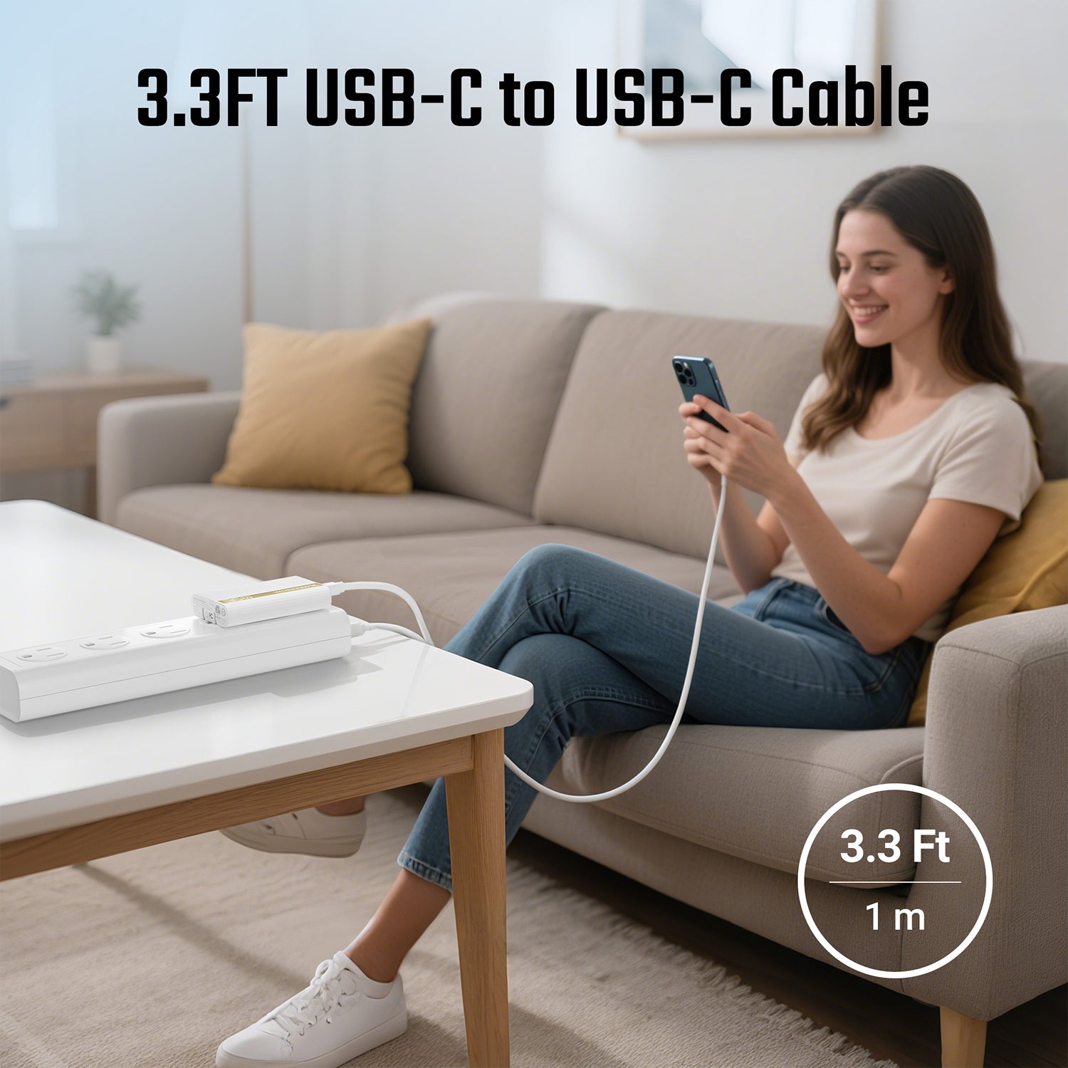 USB-C to USB-C charging cable connected to a smartphone on a sofa.