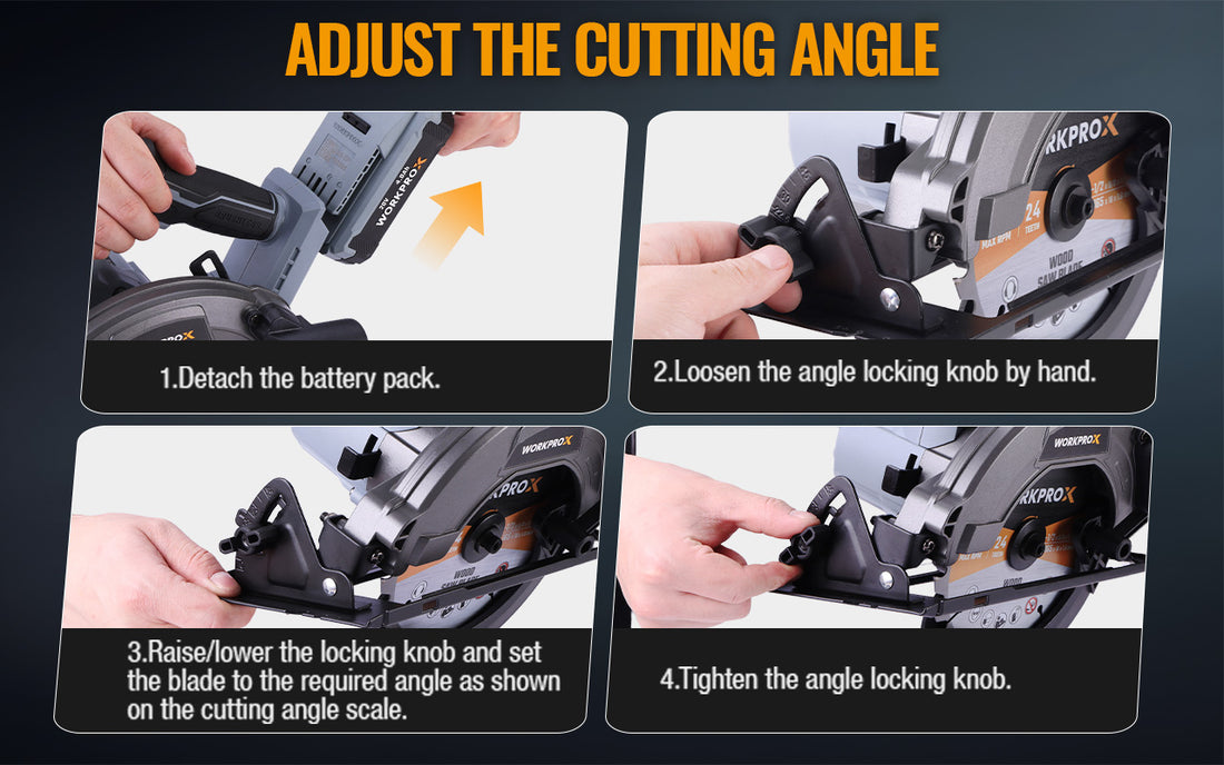 Circular saw angle adjustment steps with hands, showing detaching battery and tightening angle locking knob