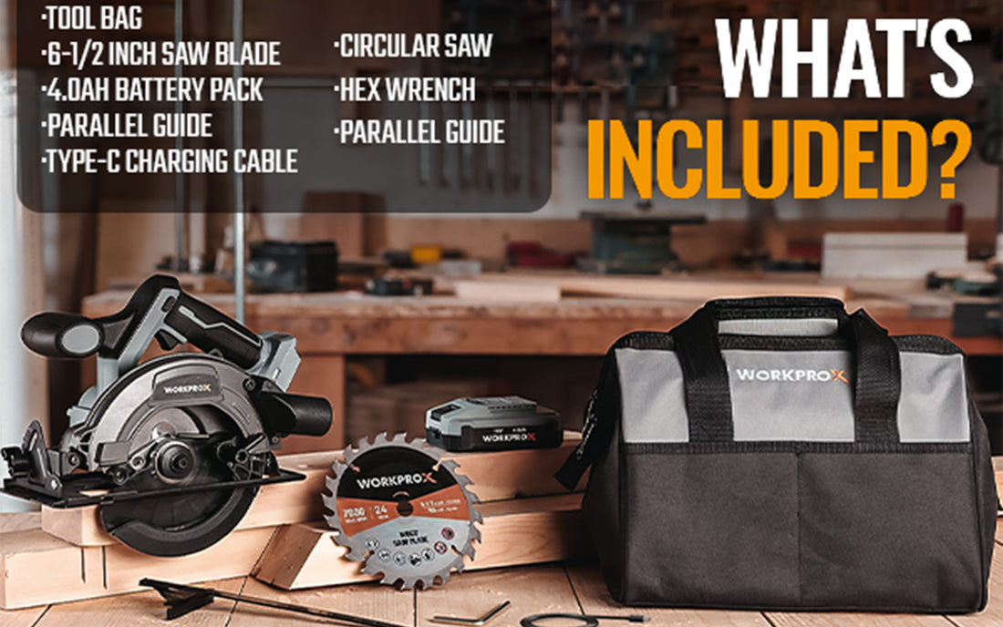 Power tools and circular saw blades on a workbench with tool bag, innovation and quality shown in text