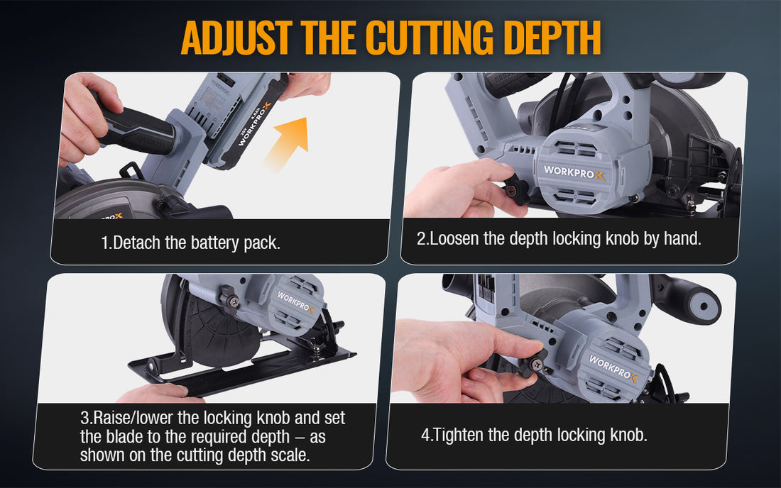 Power saw with battery pack removal steps, depth locking knob, and cutting depth scale in a four panel guide
