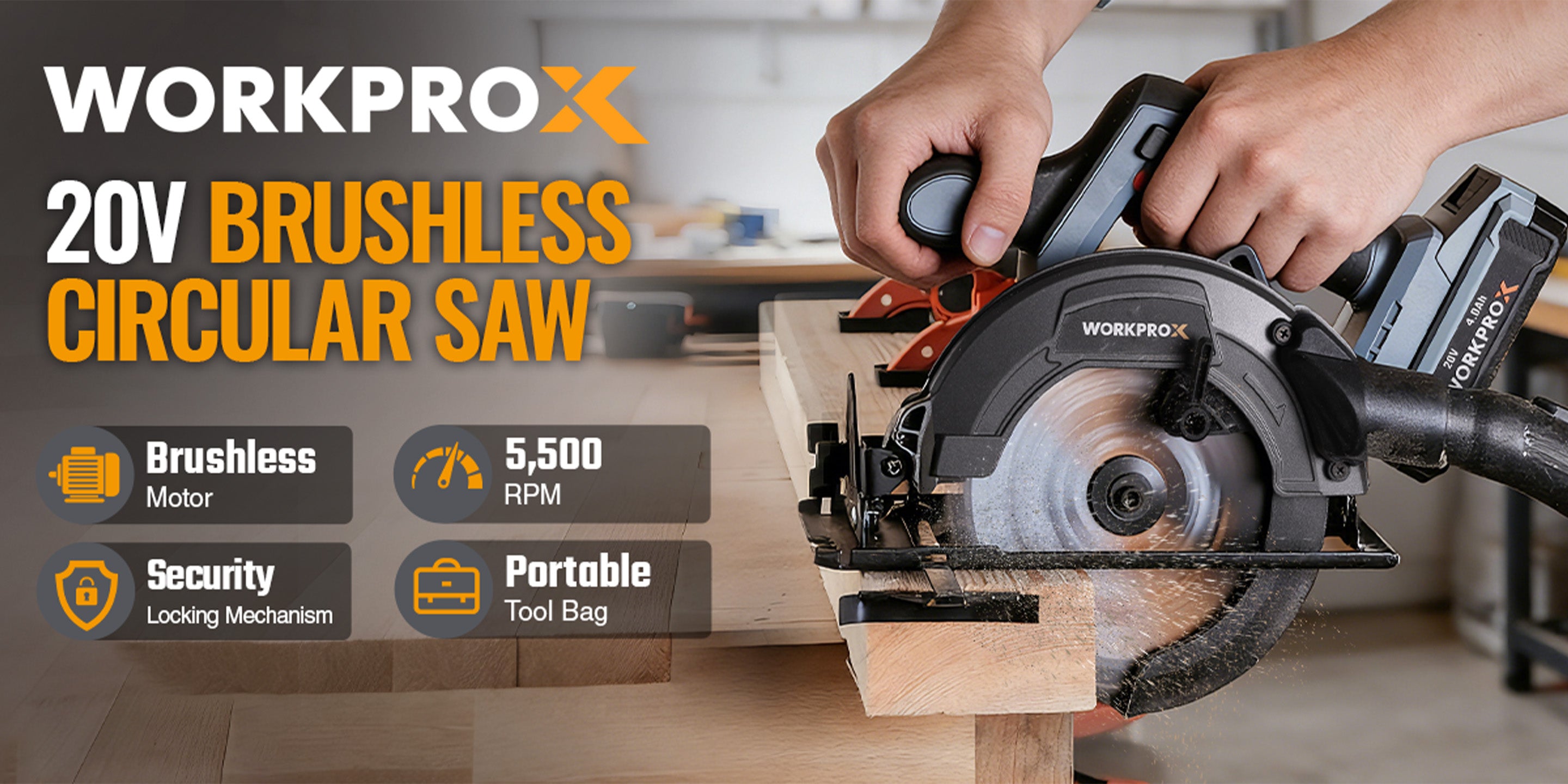 Hand holding a Workprox 20V brushless circular saw with visible RPM and security icons on screen