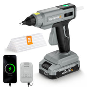 Cordless hot glue gun kit with gray body, black grip, and white glue sticks bundle