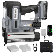 Cordless brad nailer kit with gray tool, battery, charger, and nail and staple assortment