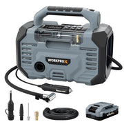 Portable air compressor with digital gauge, hose, and included nozzle attachments.