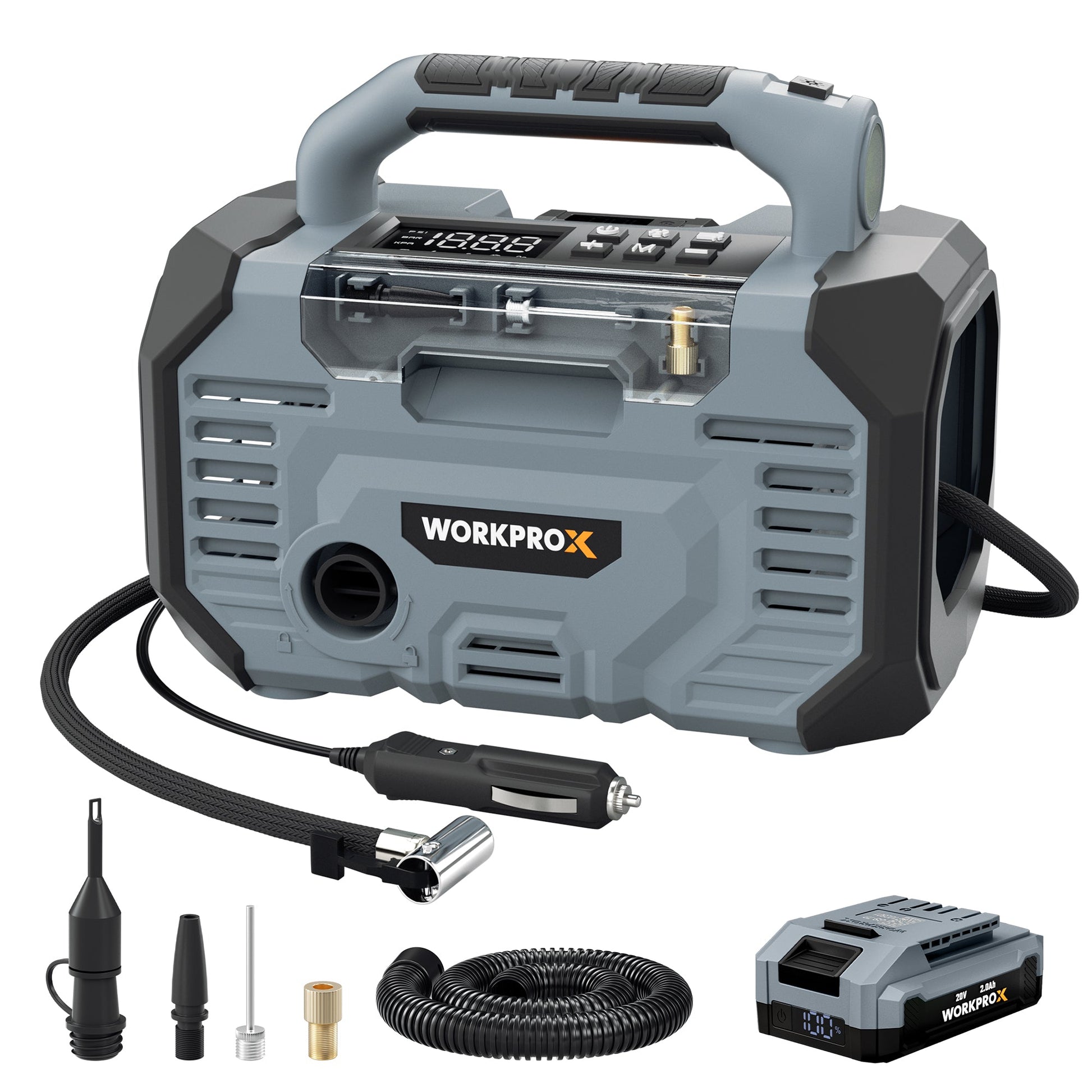 Portable air compressor with digital gauge, hose, and included nozzle attachments.