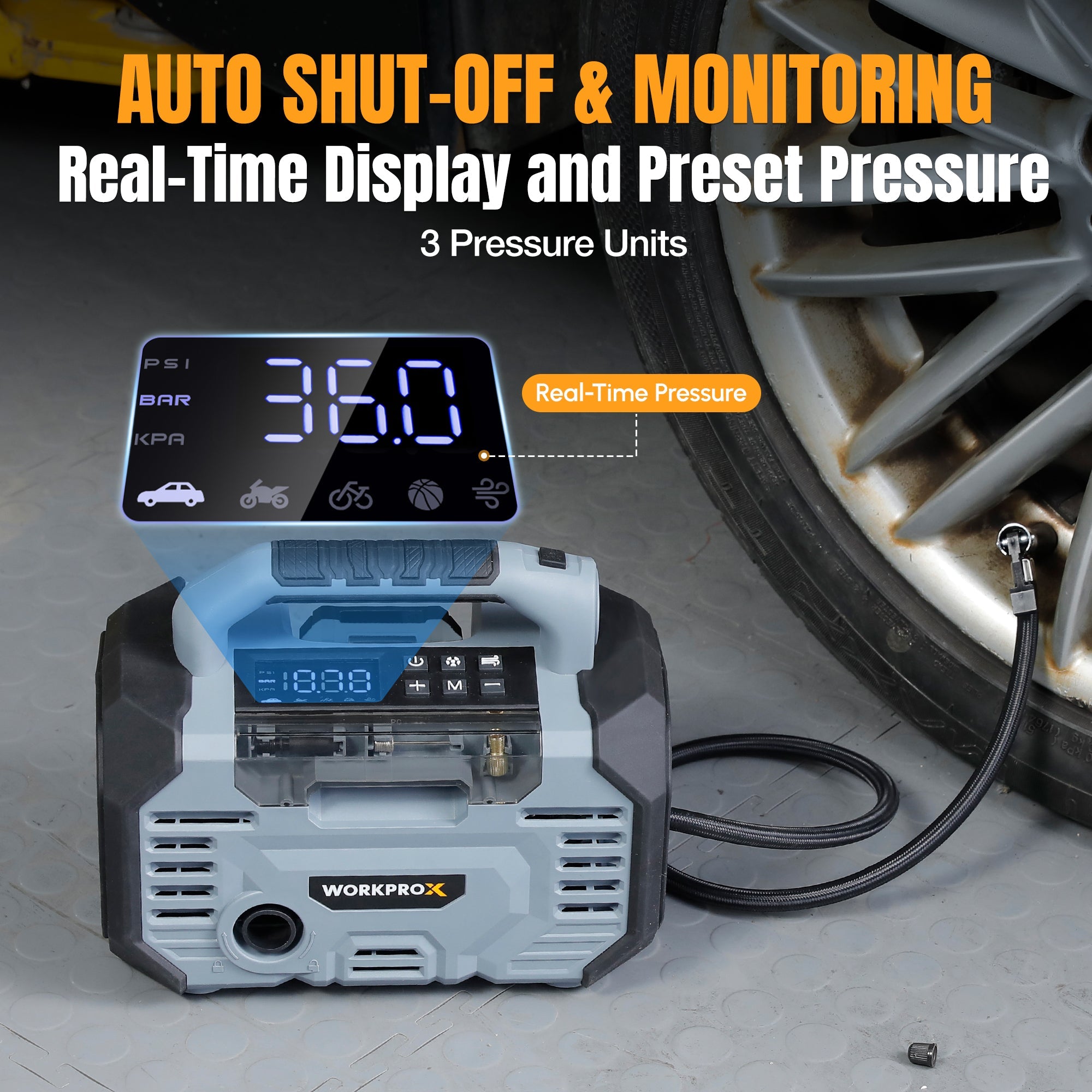 Portable air compressor with digital pressure display and preset control buttons.