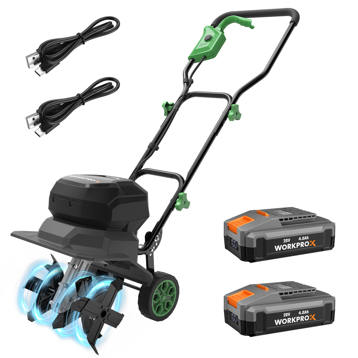 WORKPROX 40V Cordless Garden Tiller, 12-Inch Cultivator with 16 Steel Tines, 2 x 4.0Ah Batteries Included