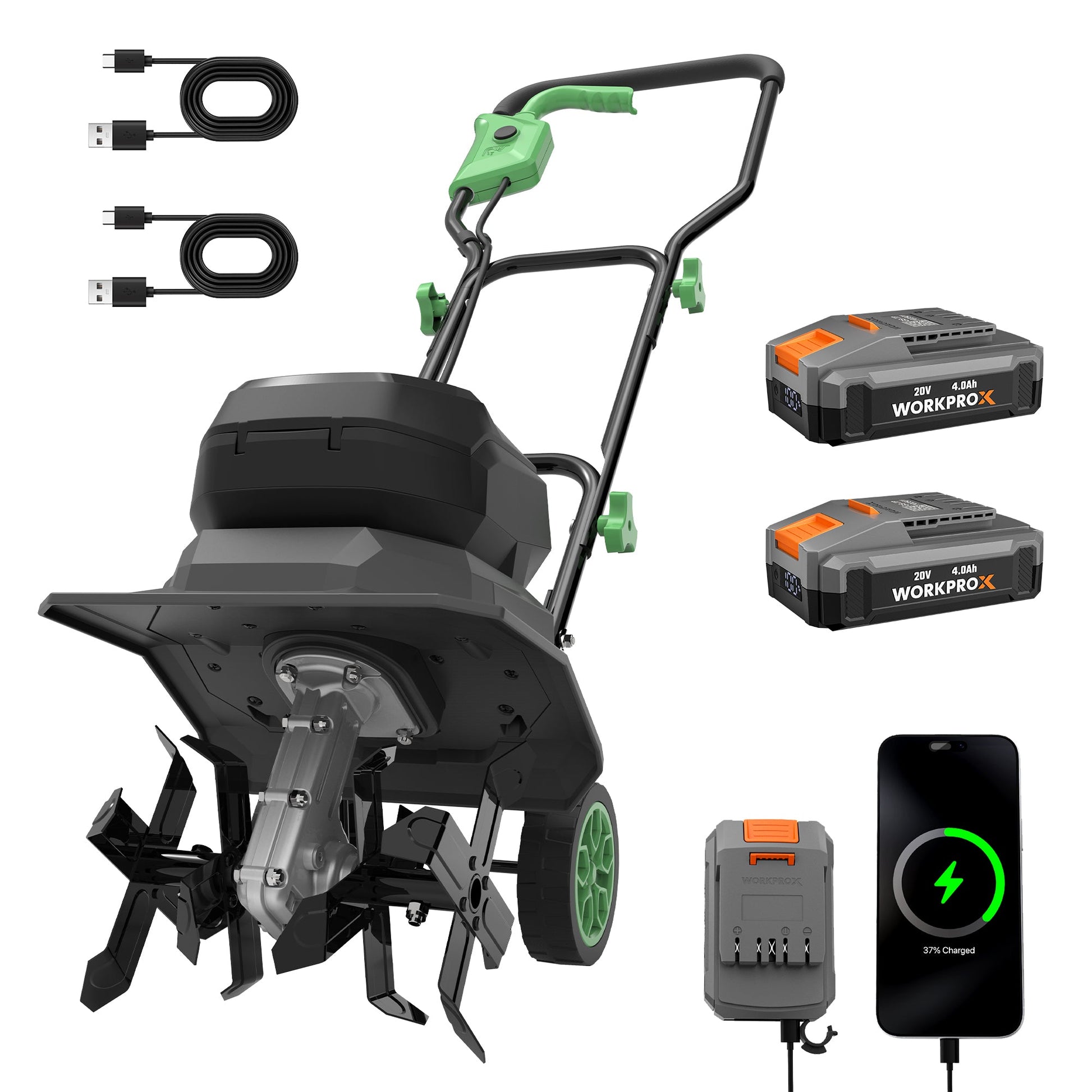 Cordless garden tiller, green handle, black body with steel tine blades
