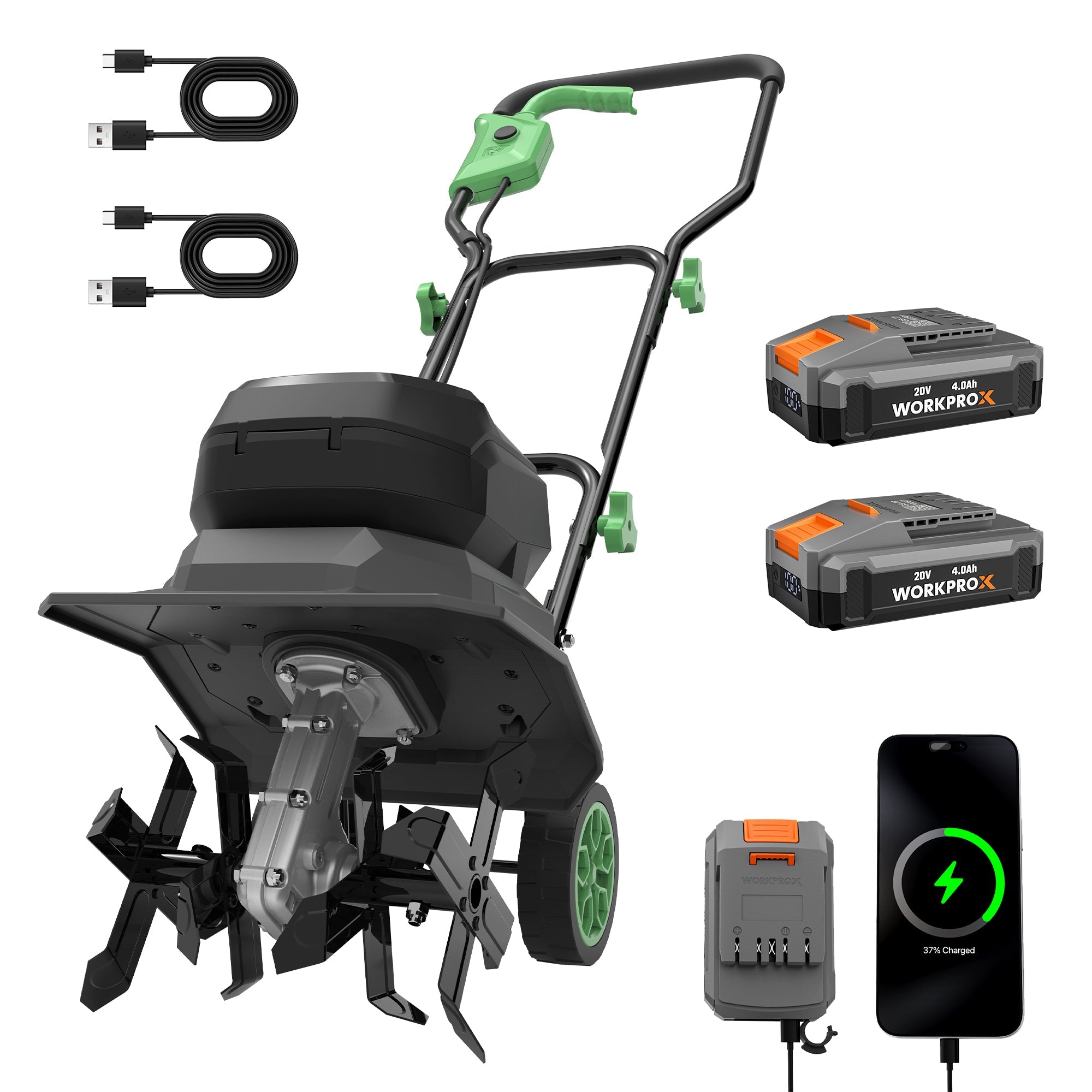 WORKPROX 40V Cordless Garden Tiller, 12-Inch Cultivator with 16 Steel Tines, 2 x 4.0Ah Batteries Included