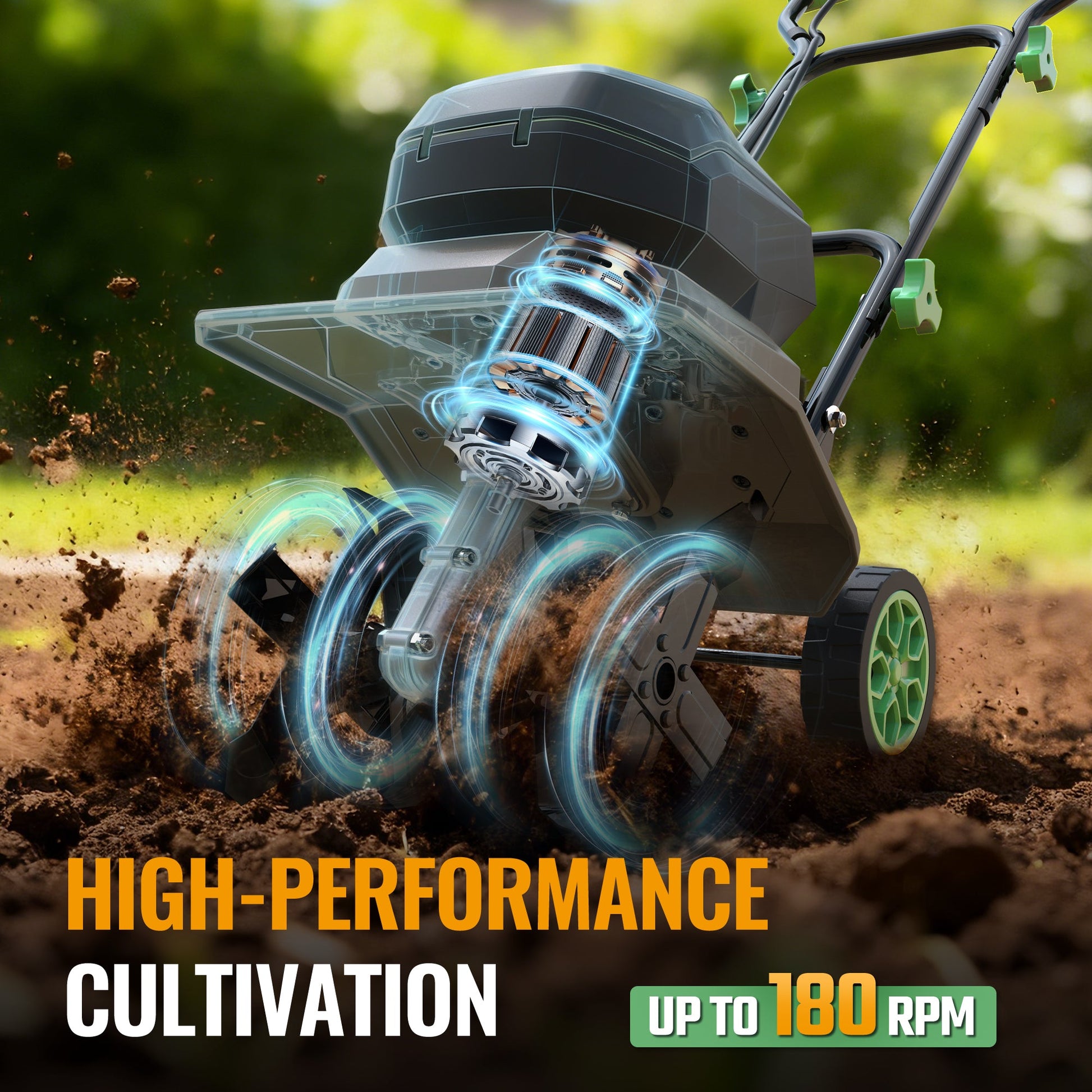 Cordless garden tiller powering through soil, rotating steel tines