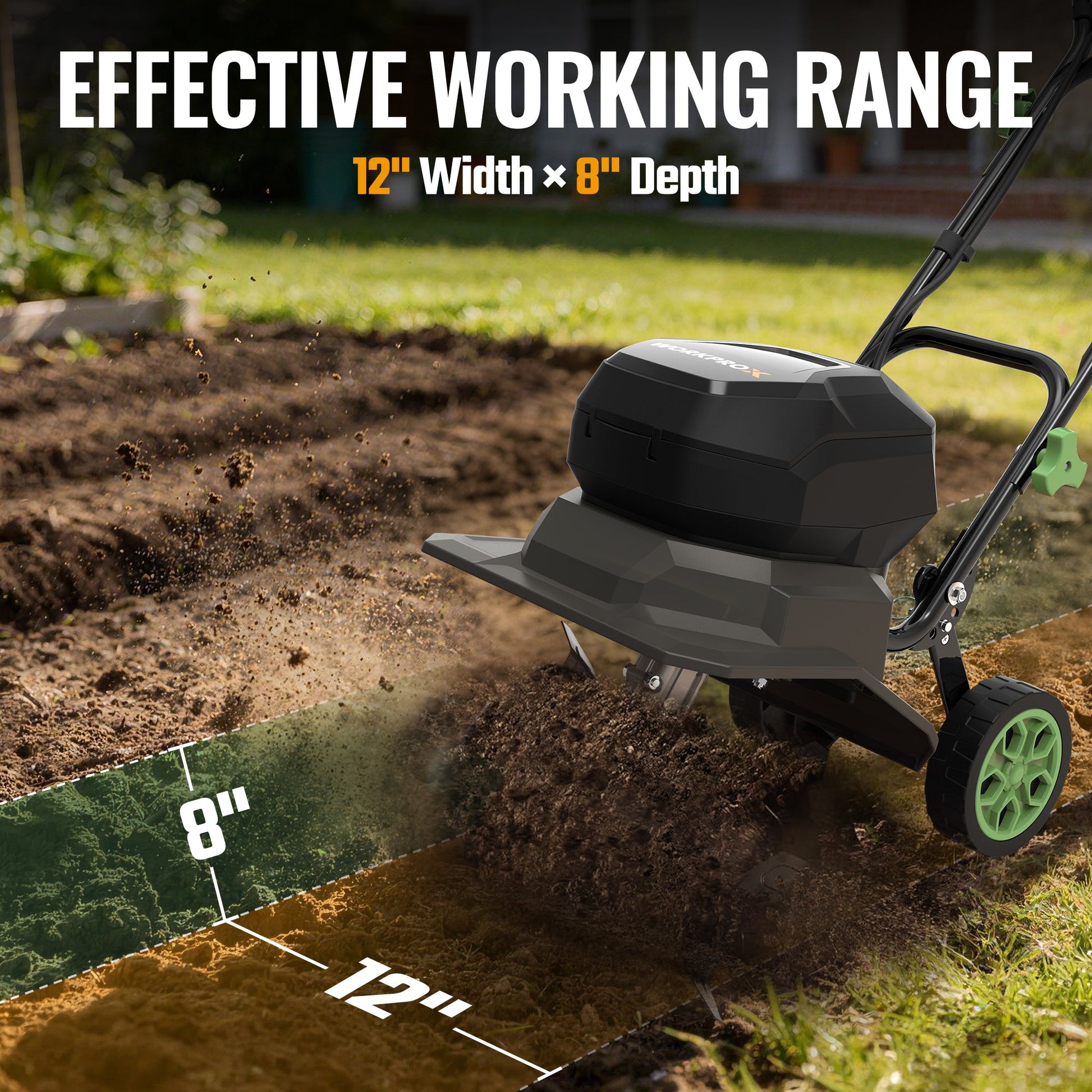 Cordless garden tiller cultivating soil with front tines and green wheel