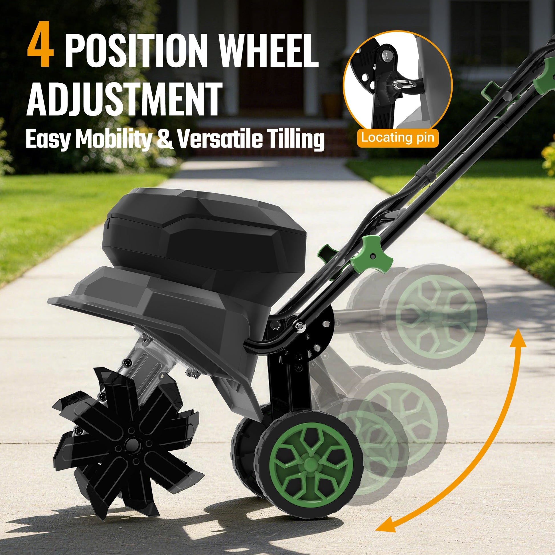 Cordless garden tiller with adjustable wheel positions and front tine housing
