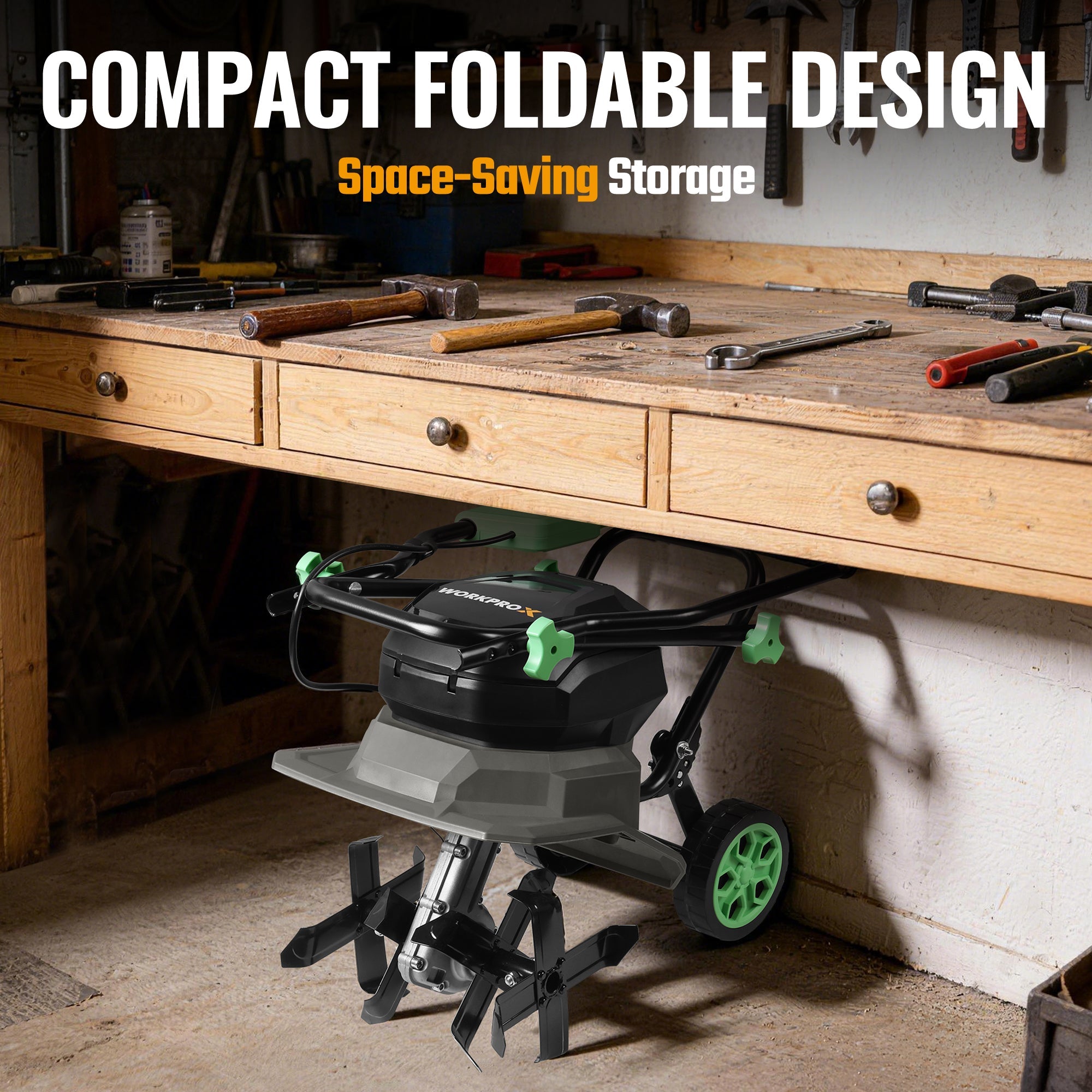 Cordless garden tiller folded for storage with green wheels