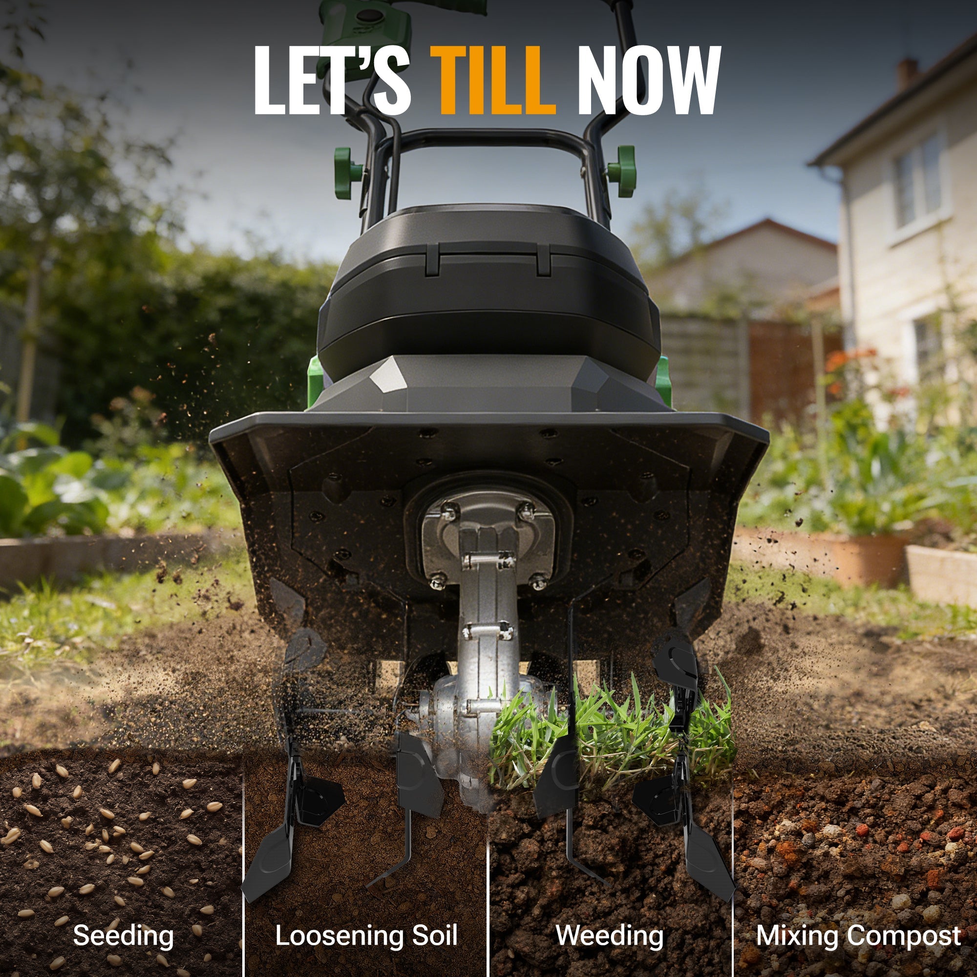 Cordless garden tiller front view with rotating steel tines