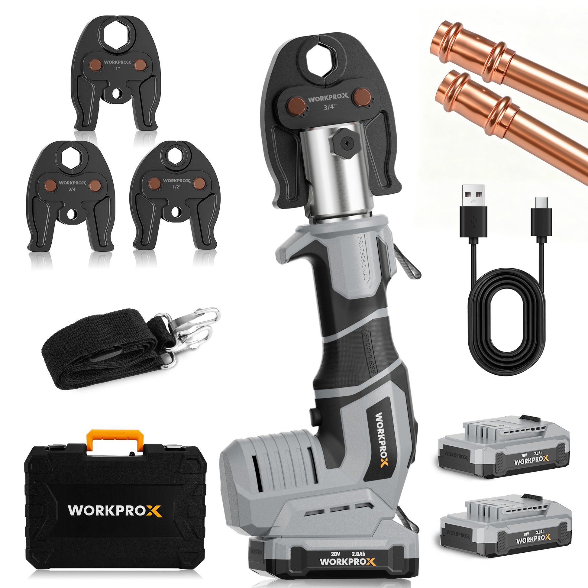 Cordless press tool bundle with 3 jaws, two batteries, USB-C cable, case, and strap
