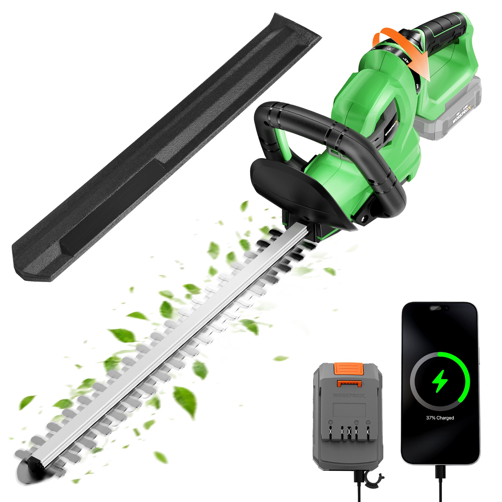 Green cordless hedge trimmer with long blade, black handle grips, and battery pack
