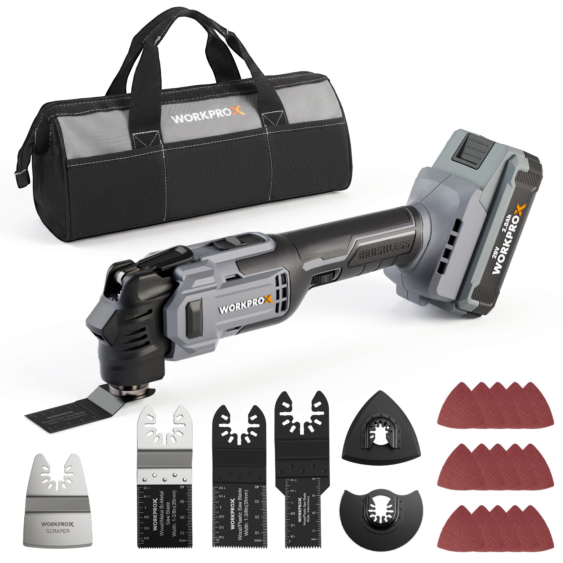 Cordless oscillating multi-tool kit with tool bag and assorted sanding/cutting blades