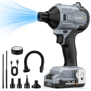 Cordless air duster blower with multiple black nozzles, flexible hose, and battery pack