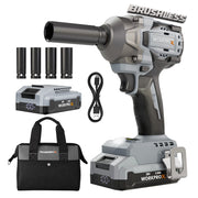 WORKPROX cordless impact wrench with battery, charger, sockets, and black storage bag