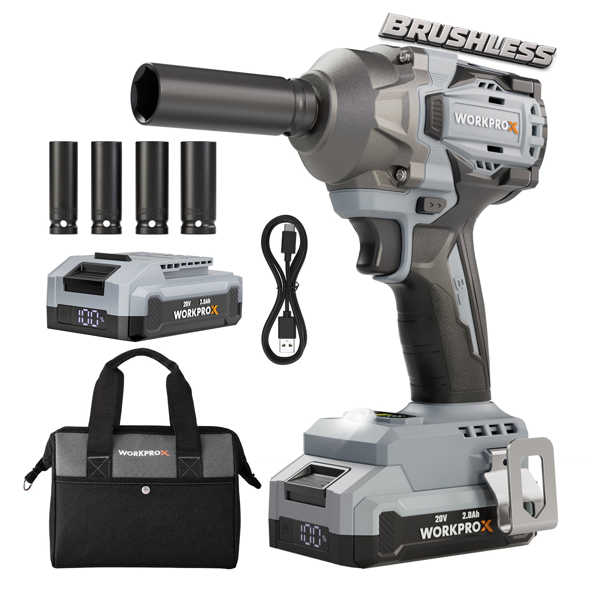 WORKPROX cordless impact wrench with battery, charger, sockets, and black storage bag