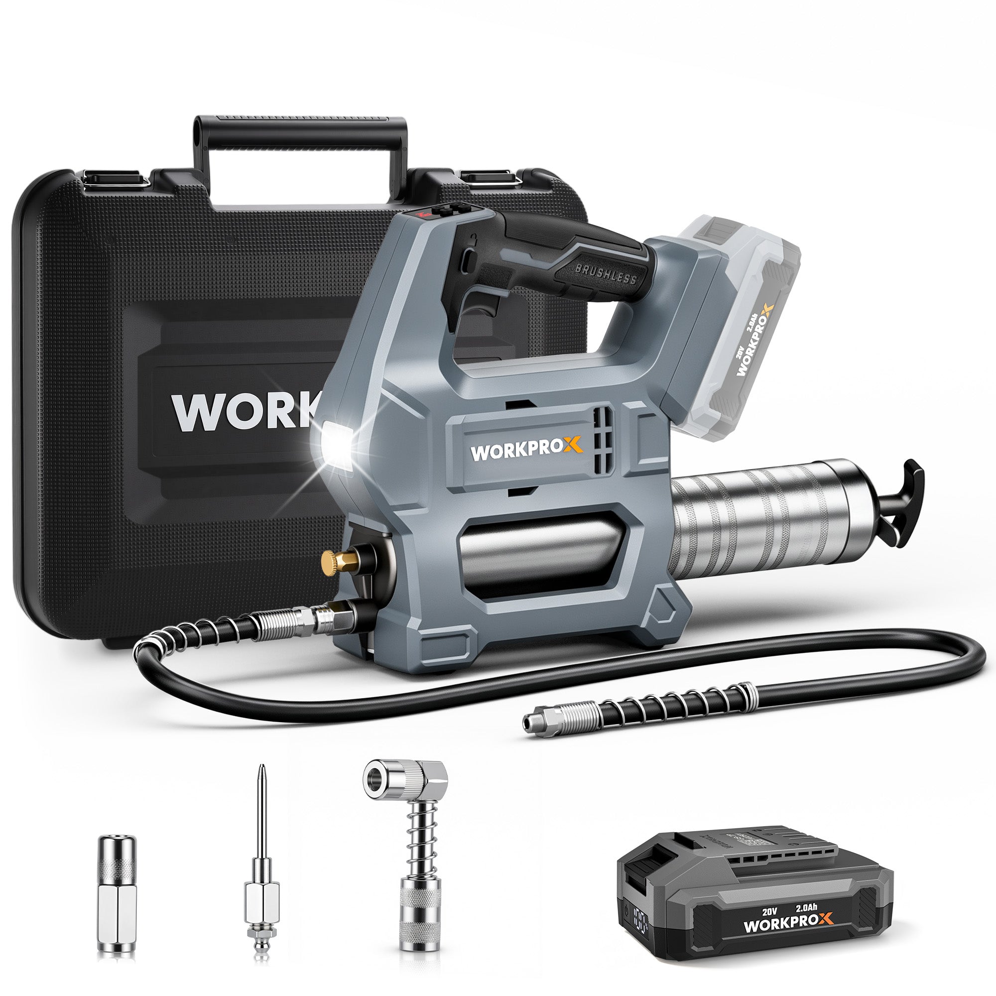WORKPROX Electric Grease Gun in black and gray with innovation, quality, and secure dispensing flow