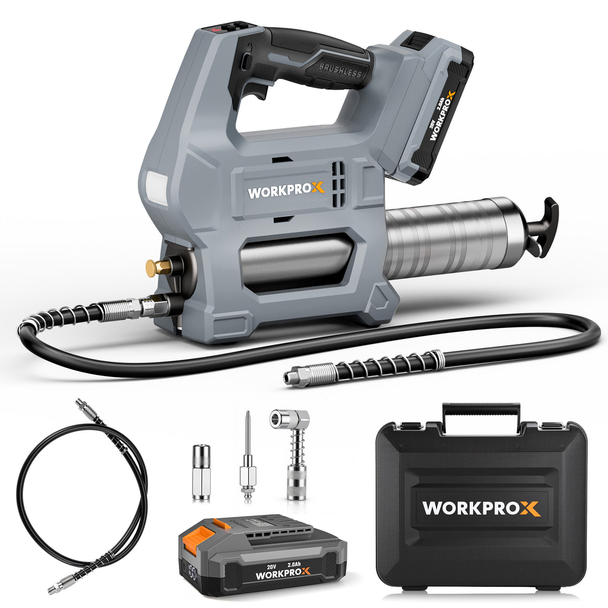 WORKPROX electric grease gun in brushed gray with innovation, quality, secure, durable, convenient dispensing
