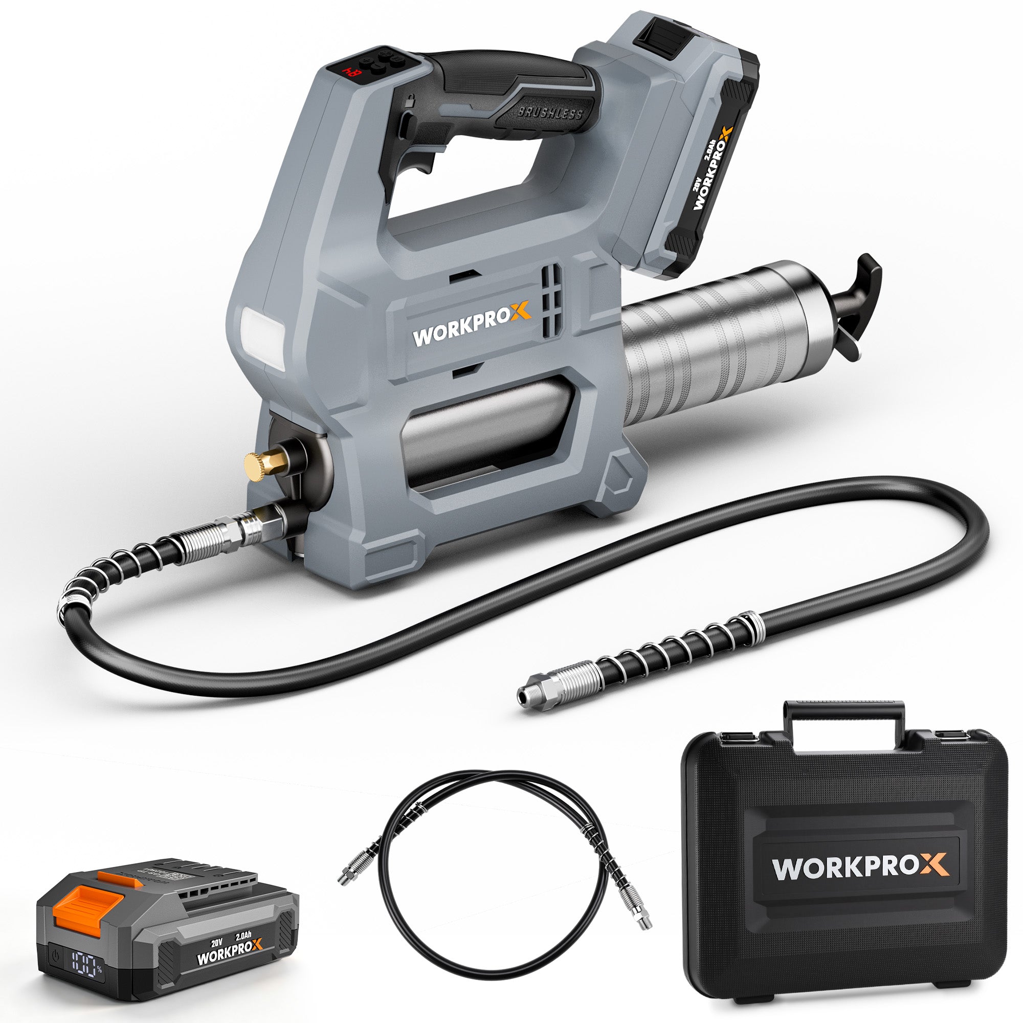 WORKPROX Electric Grease Gun in light gray with innovation, quality, secure, durable, and convenient design