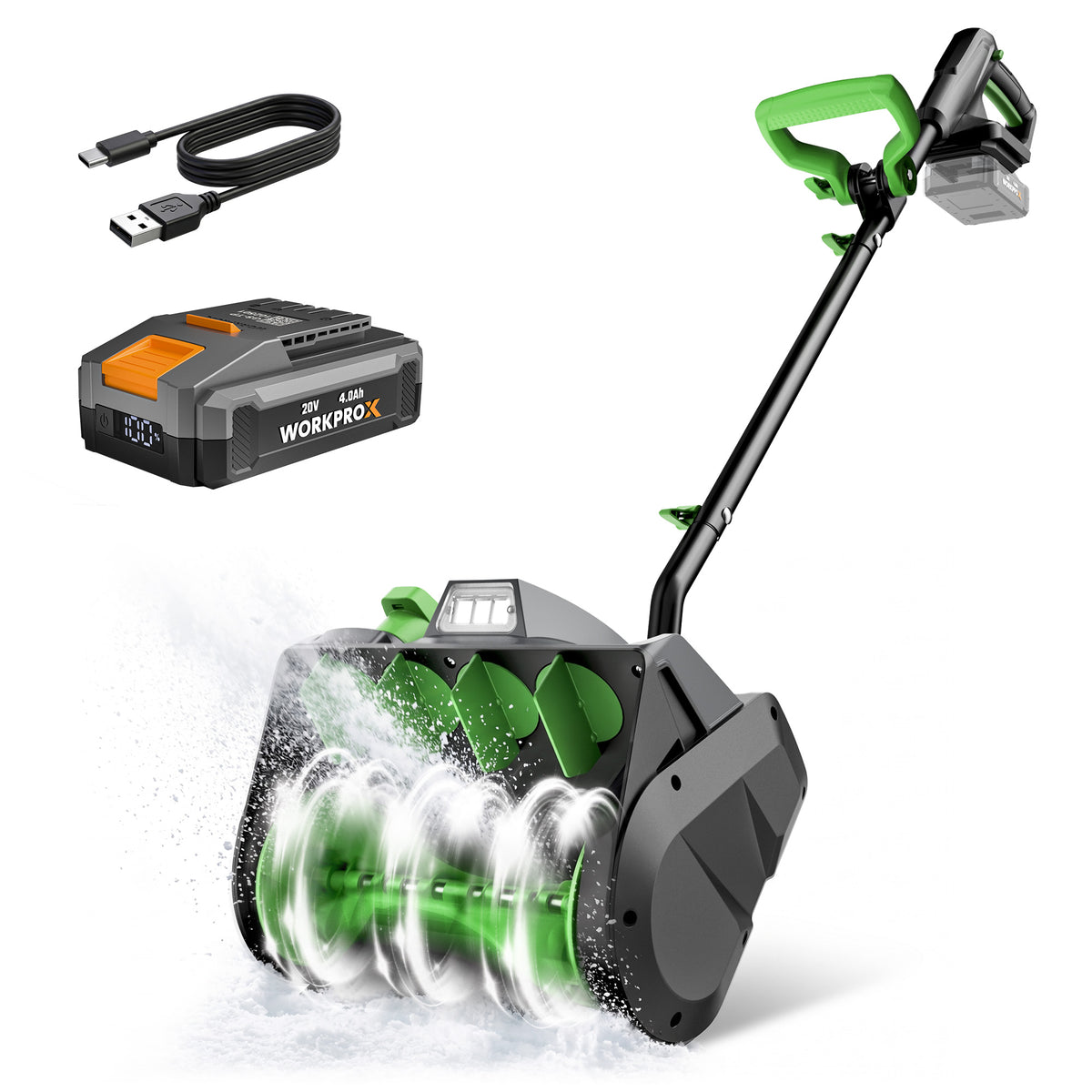 WORKPROX Cordless Snow Shovel, 13-Inch, 20V Battery Included | 23 ft Throw Distance, 4.0Ah Battery, 30° Adjustable Chute, LED Lights, Lightweight, For Steps, Walkways & Driveways