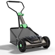 Manual push reel lawn mower with grass catcher, black deck with green accents