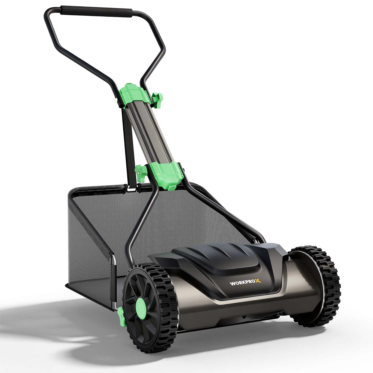 Manual push reel lawn mower with grass catcher, black deck with green accents