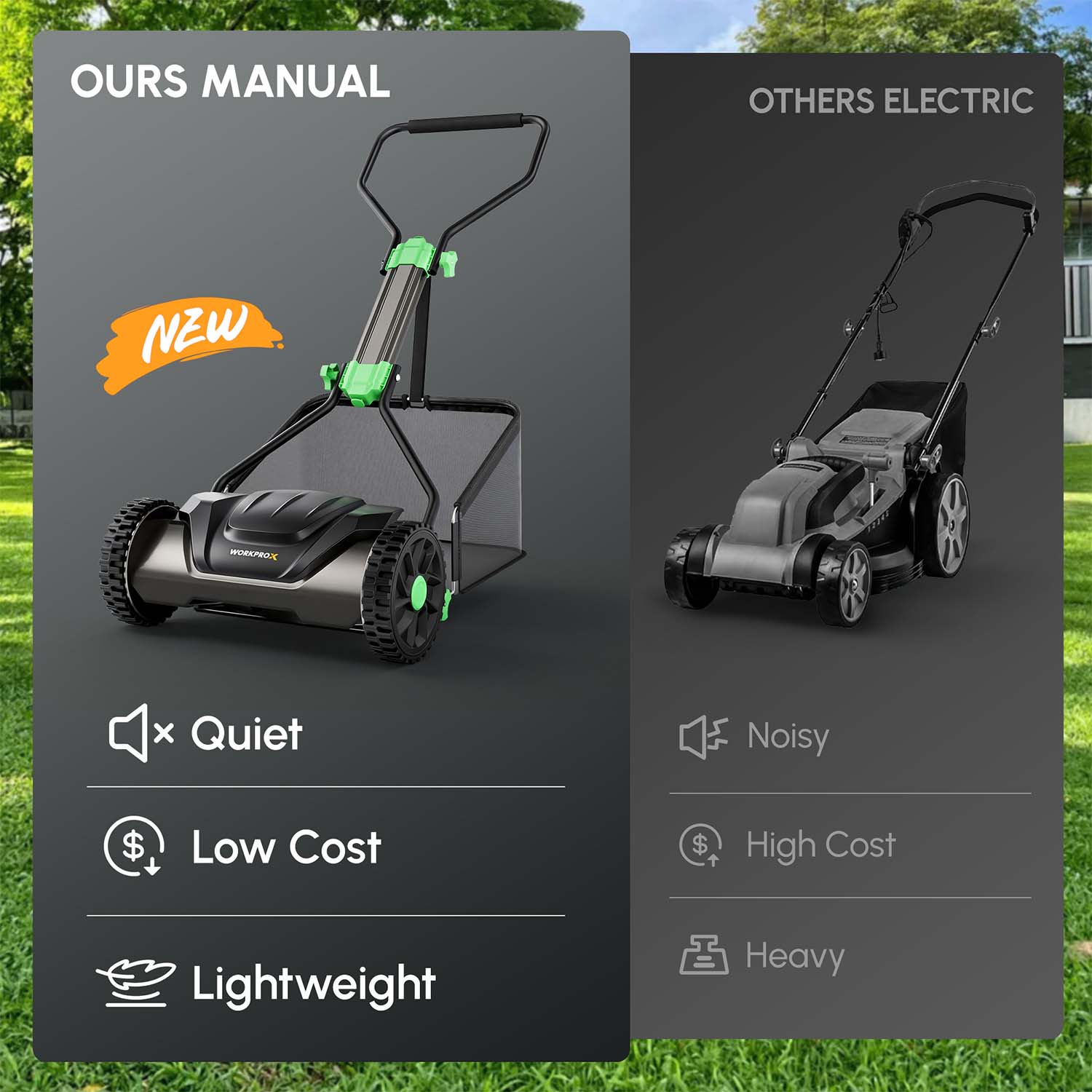 Manual push reel lawn mower shown beside an electric mower, both with catcher