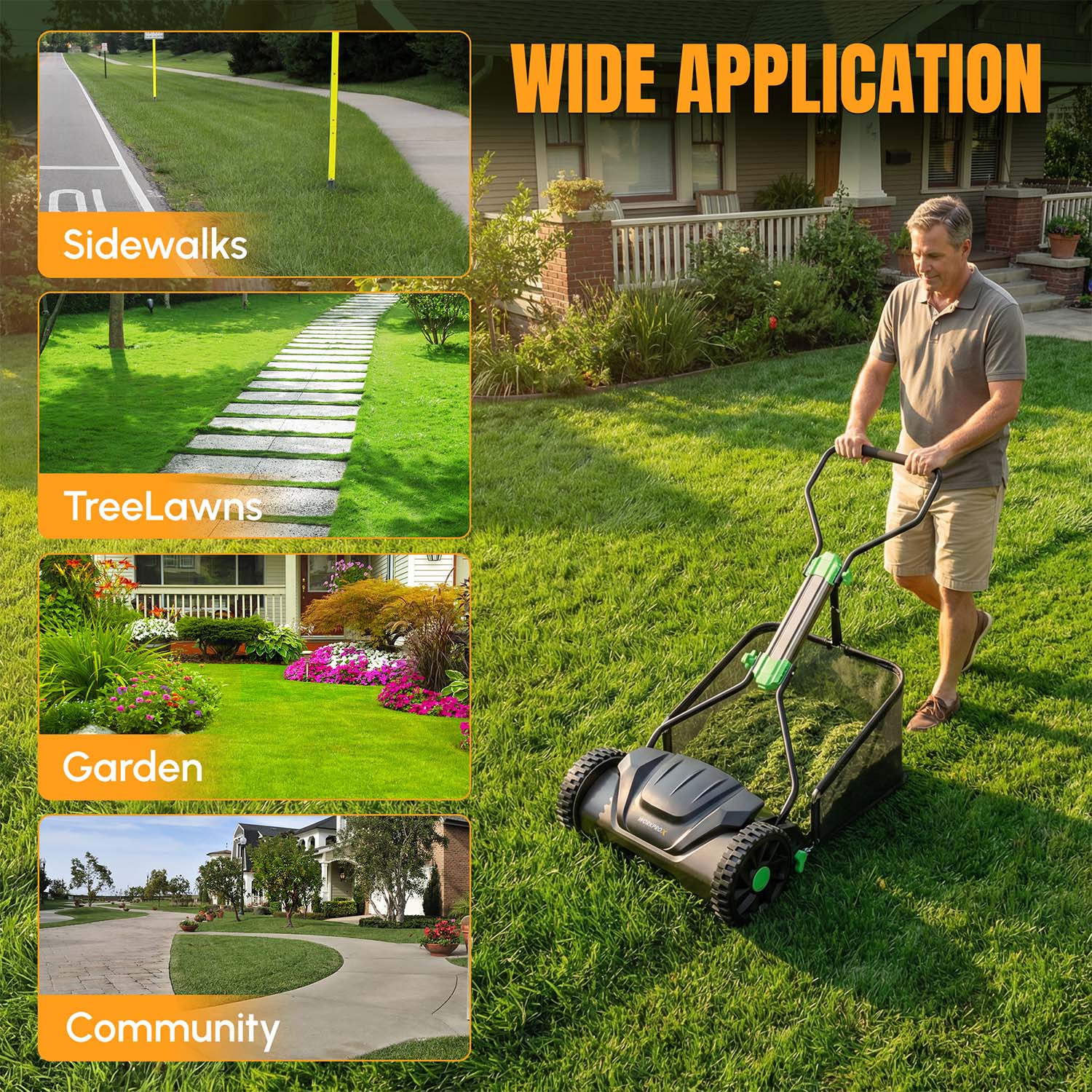 Manual reel lawn mower with grass catcher, adjustable handle and 5-blade design