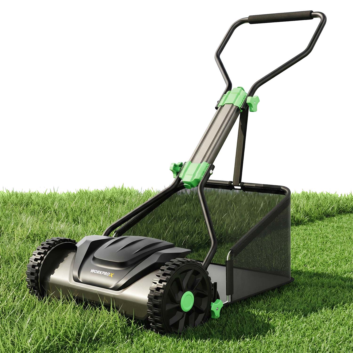Manual push reel lawn mower with grass catcher, black body and green handle