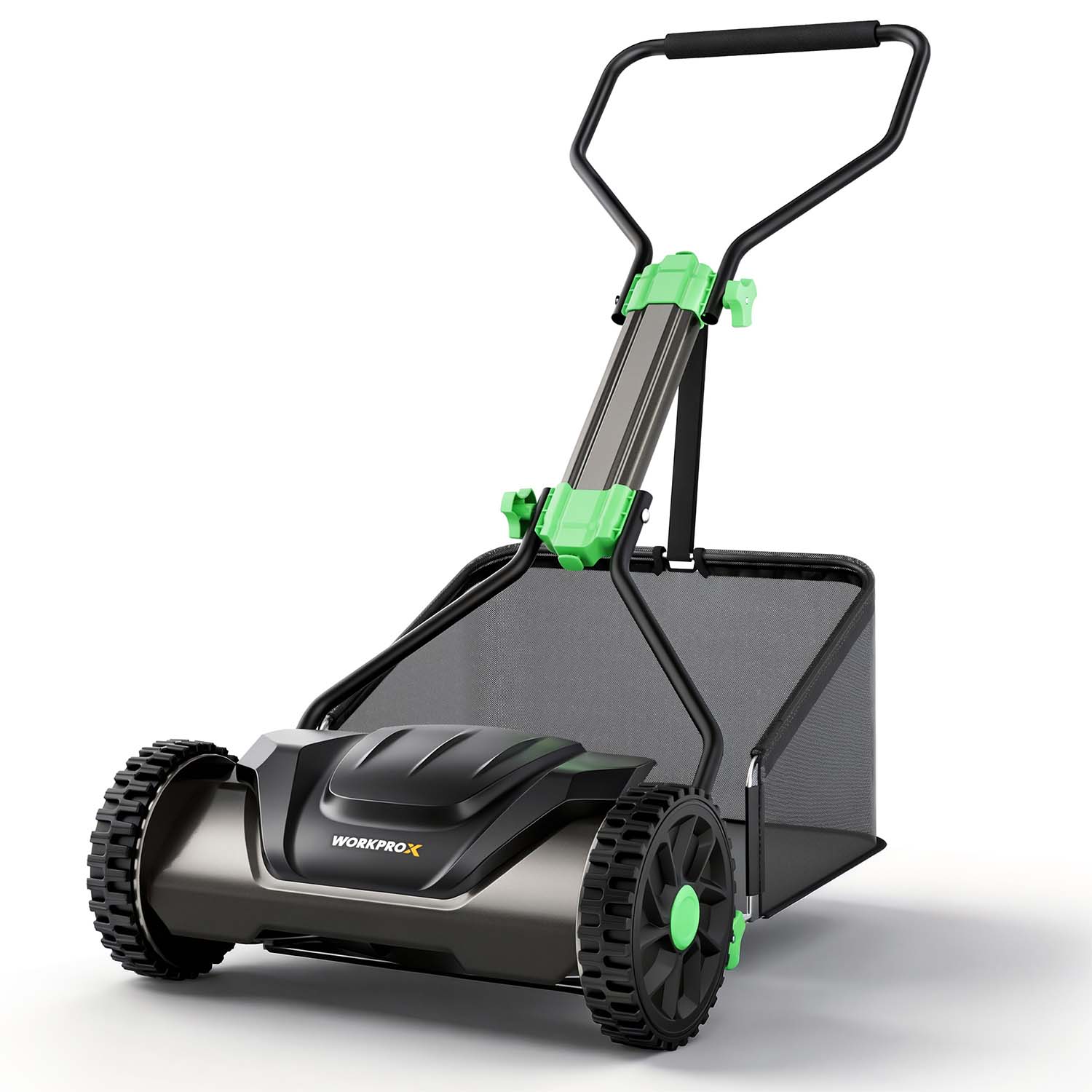 Manual push reel lawn mower with grass catcher, front angle, black deck and green wheels