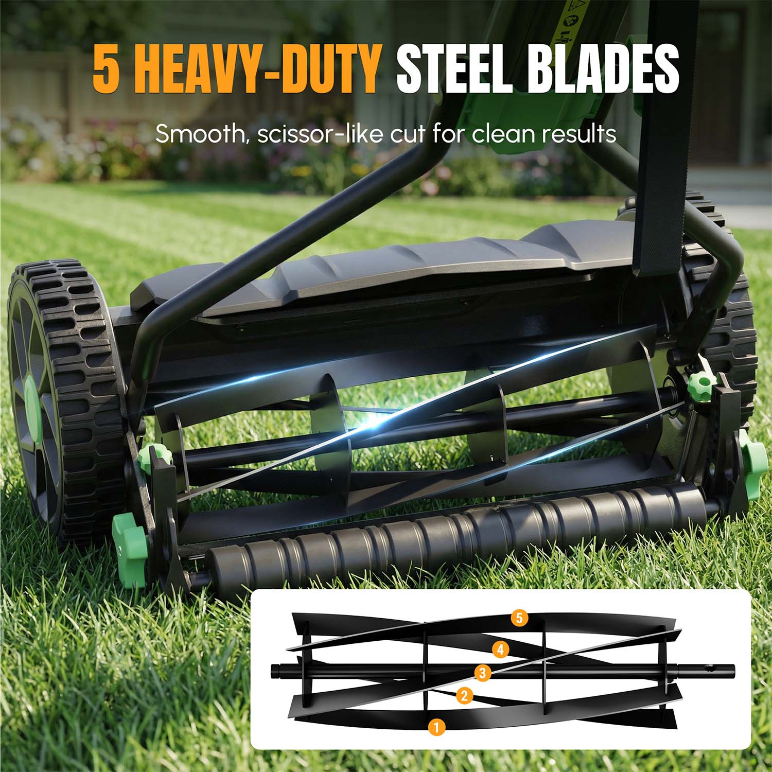 Reel mower blade drum with steel blades inside the black mower deck