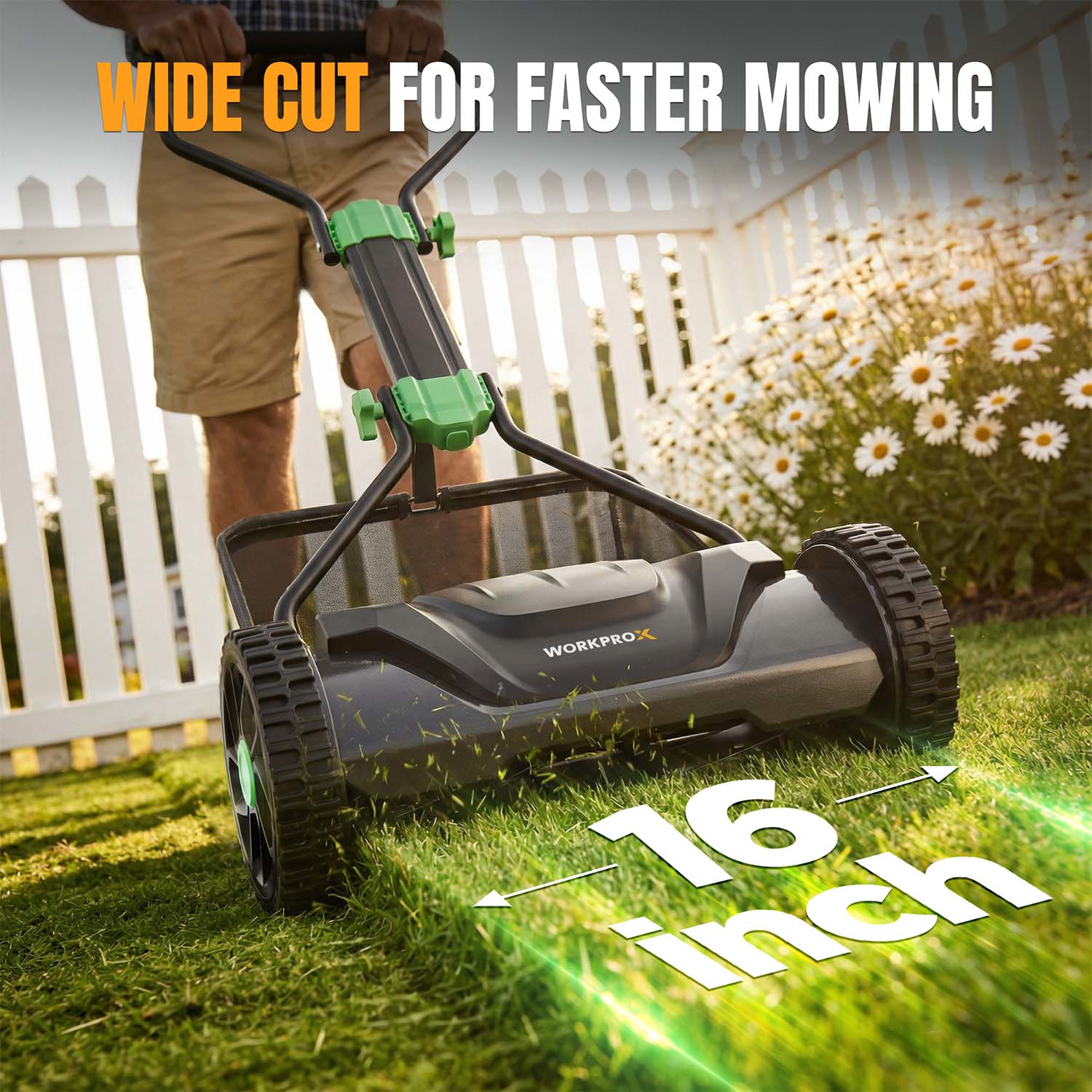 Manual push reel lawn mower, black deck with green accents and deep-tread wheels