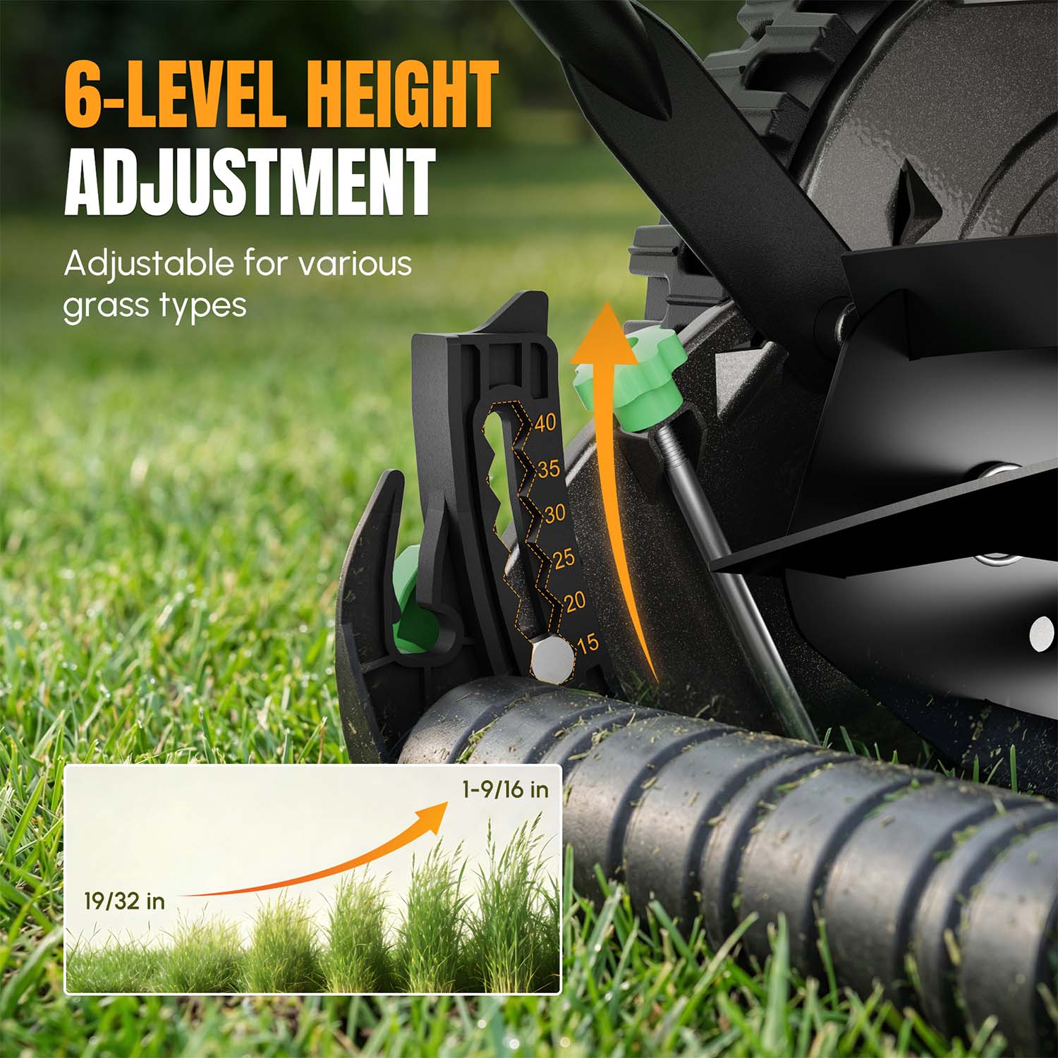 Manual push reel mower height adjustment lever and scale, black and green