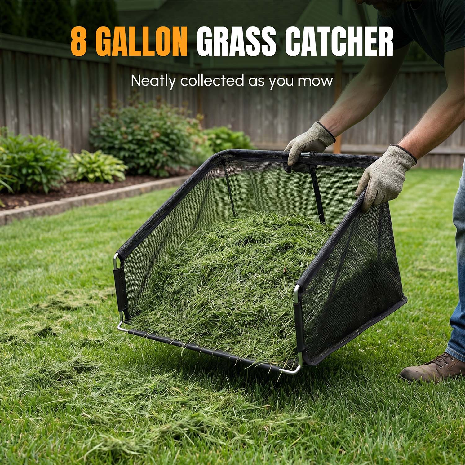 Grass catcher bin for manual push reel mower, black mesh with green frame