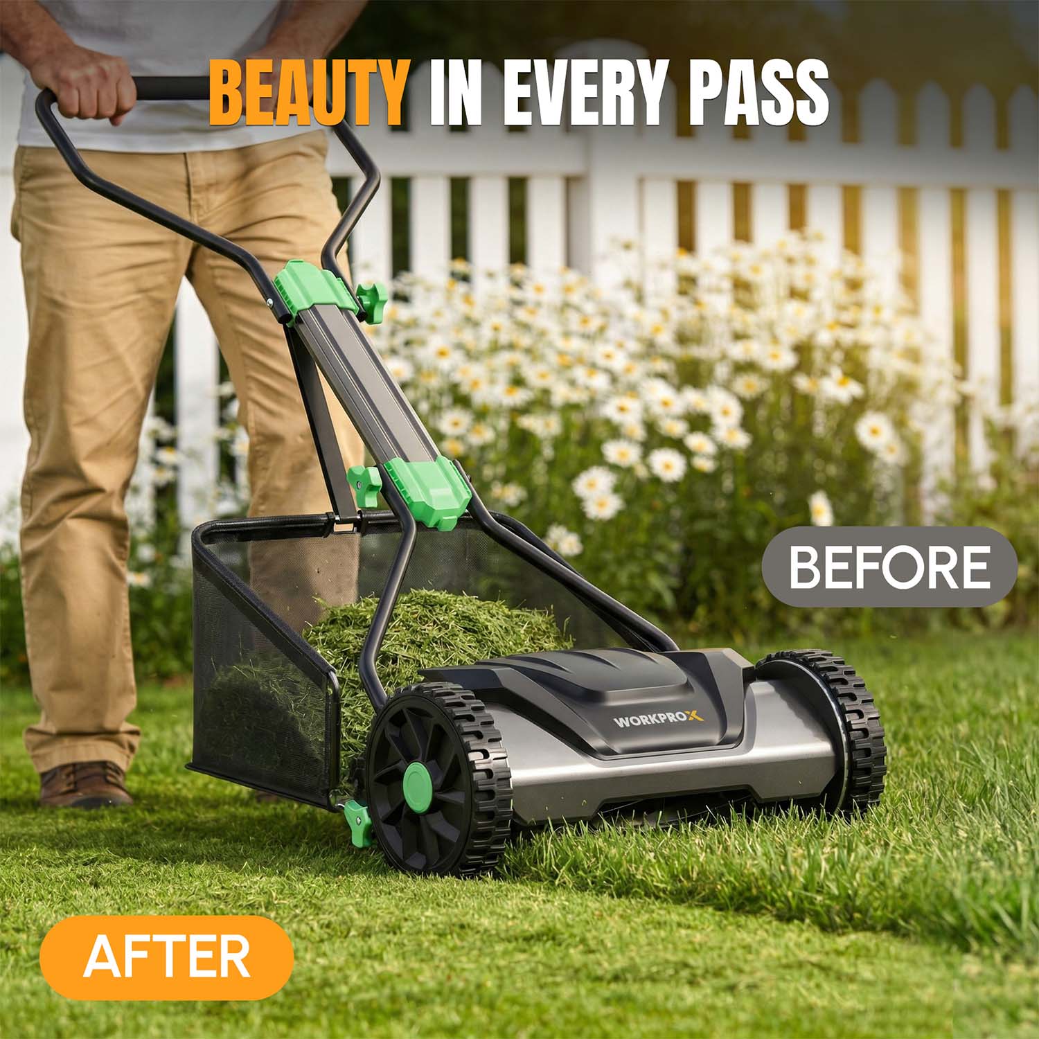 Manual push reel lawn mower with grass catcher on grass, black body and green handle