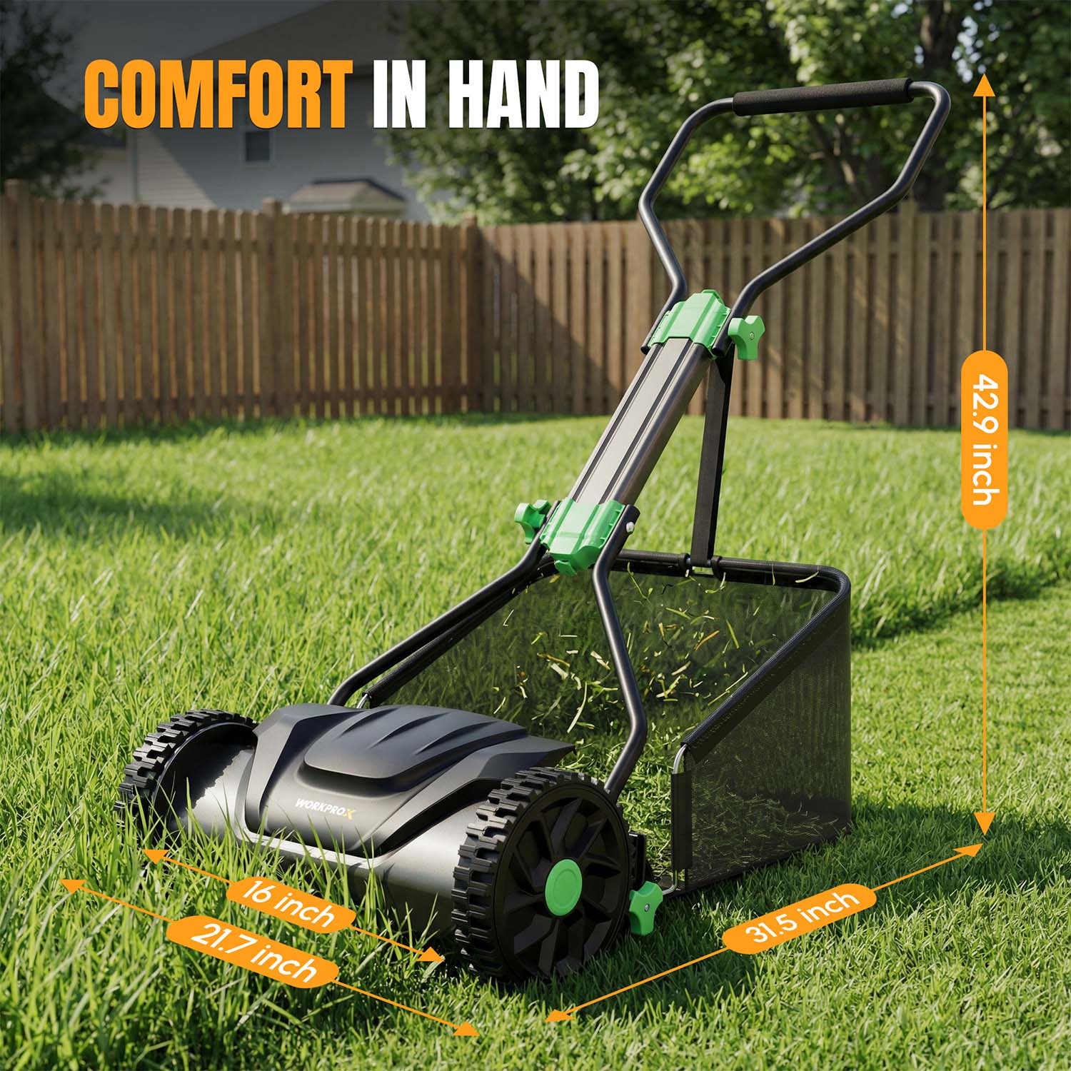 Manual push reel lawn mower with grass catcher, compact profile, black deck and green handle